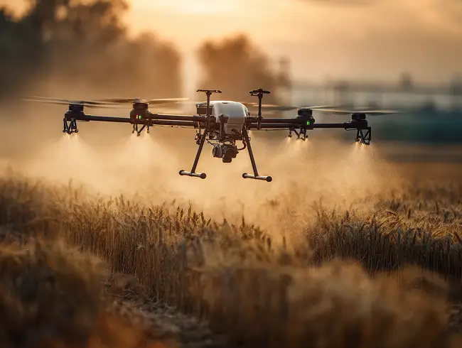 Drone agrícola realizando aplicação em plantação de trigo